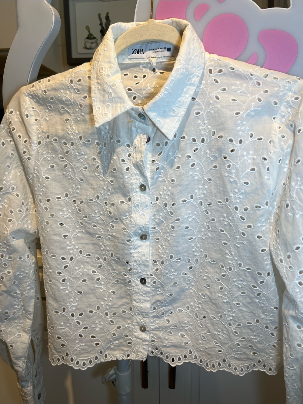 Zara White Eyelet Cotton Button-Up Shirt